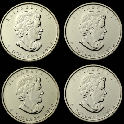 Kanada, Elżbieta II, 5 dolarów 2012 - Liść klonu, 1 oz. Ag 999 x 4 szt.
