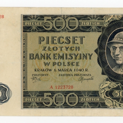 GG, 500 złotych 1940 A. Oryginał z numeracją falsyfikatu londyńskiego