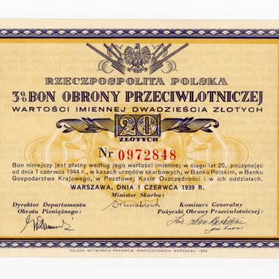 II RP, Bon Obrony Przeciwlotniczej wartości 20 złotych, 1.06.1939