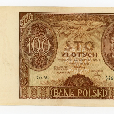 II RP, 100 złotych 1932 AO. - dodatkowy znak wodny +X+